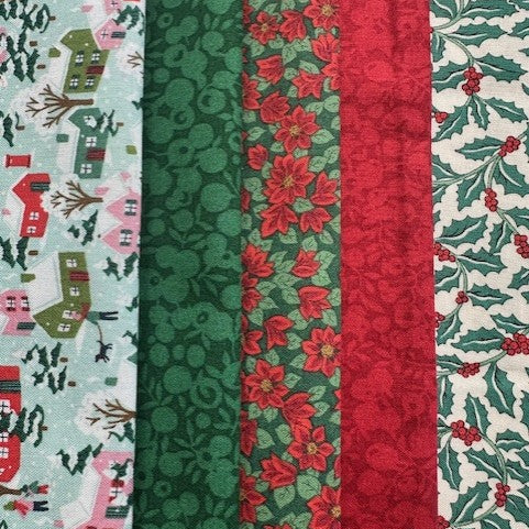 Collection of Christmas-themed fabric swatches with various patterns.
