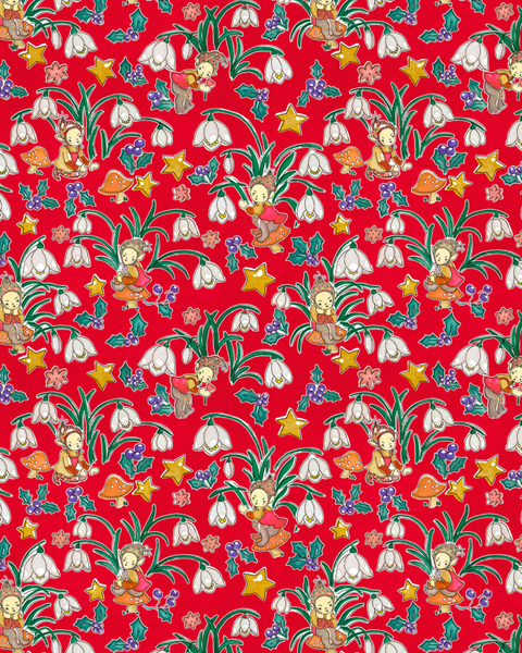 A repeating whimsical pattern on a bright red background featuring white snowdrop flowers, green leaves, yellow stars, mushrooms, and small illustrated elves in pastel clothing.