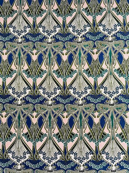 Decorative pattern with abstract shapes and blue accents on a pink background