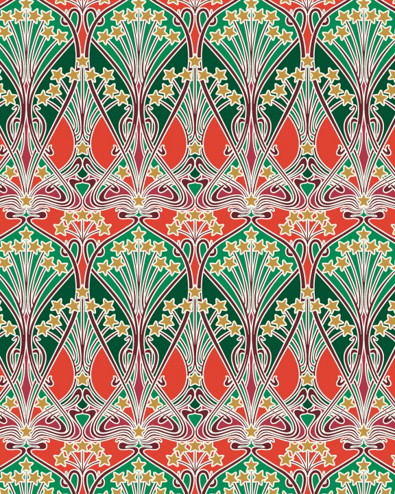 A repeating Art Nouveau style pattern featuring symmetrical floral and leaf motifs in red, green, white, and yellow.