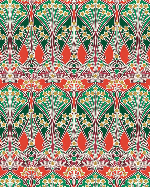 A repeating Art Nouveau style pattern featuring symmetrical floral and leaf motifs in red, green, white, and yellow.