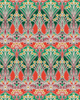 A repeating Art Nouveau style pattern featuring symmetrical floral and leaf motifs in red, green, white, and yellow.