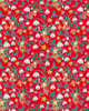 A repeating whimsical pattern on a bright red background featuring white snowdrop flowers, green leaves, yellow stars, mushrooms, and small illustrated elves in pastel clothing.