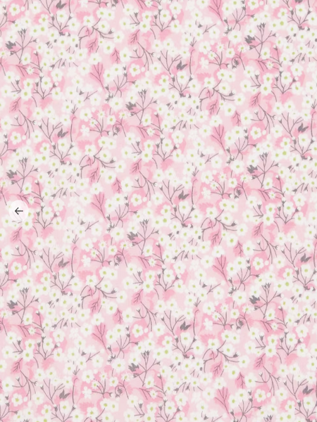 Floral pattern with small white flowers and green leaves on a pink background