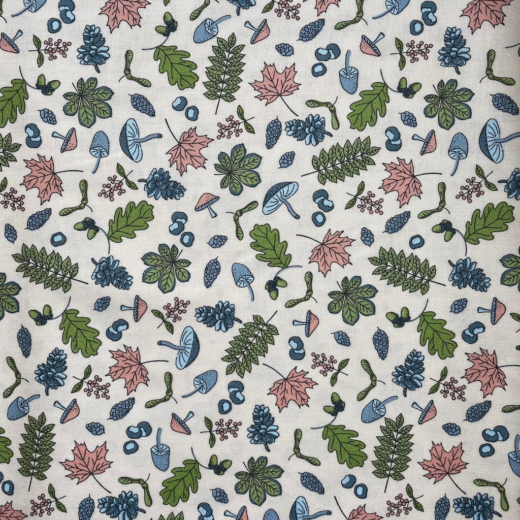 Pattern of leaves and mushrooms on a white background