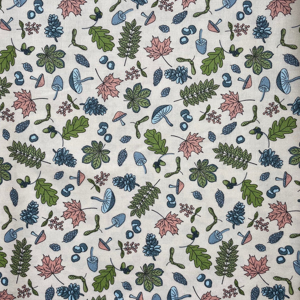 Pattern of leaves and mushrooms on a white background
