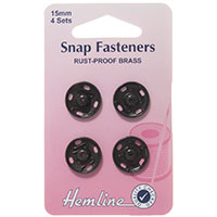 Sew-On Snaps / Poppers - Black -  set of 4, 15mm